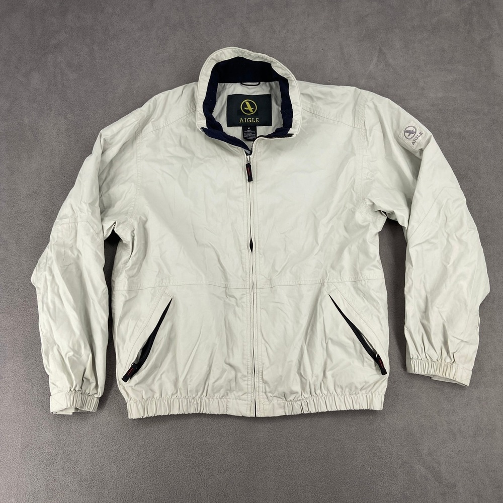 Aigle Mens‎ XL Full Zip Windbreaker Jacket Beige Fleece Lined Collar Lightweight